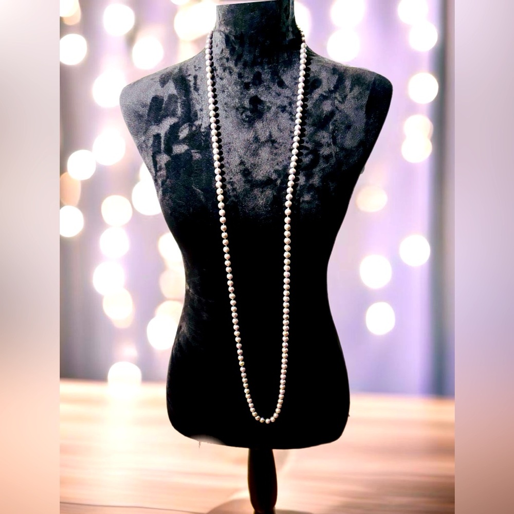 Vintage Faux Pearl Long String Necklace - Charcoal - Double Up - Gorgeous